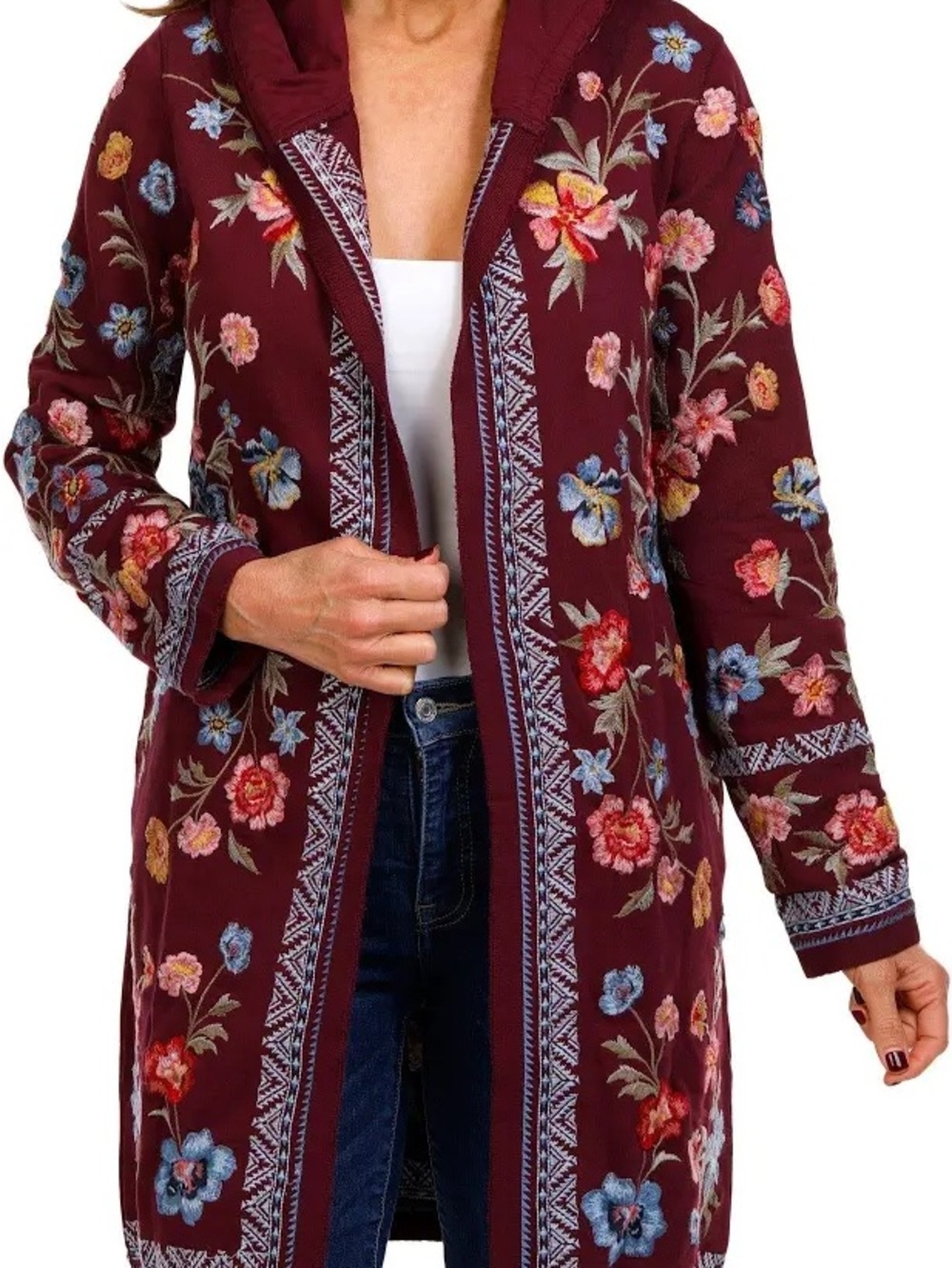 Driftwood - Embroidered Floral Open-Front Cardigan Sweater - Burgundy